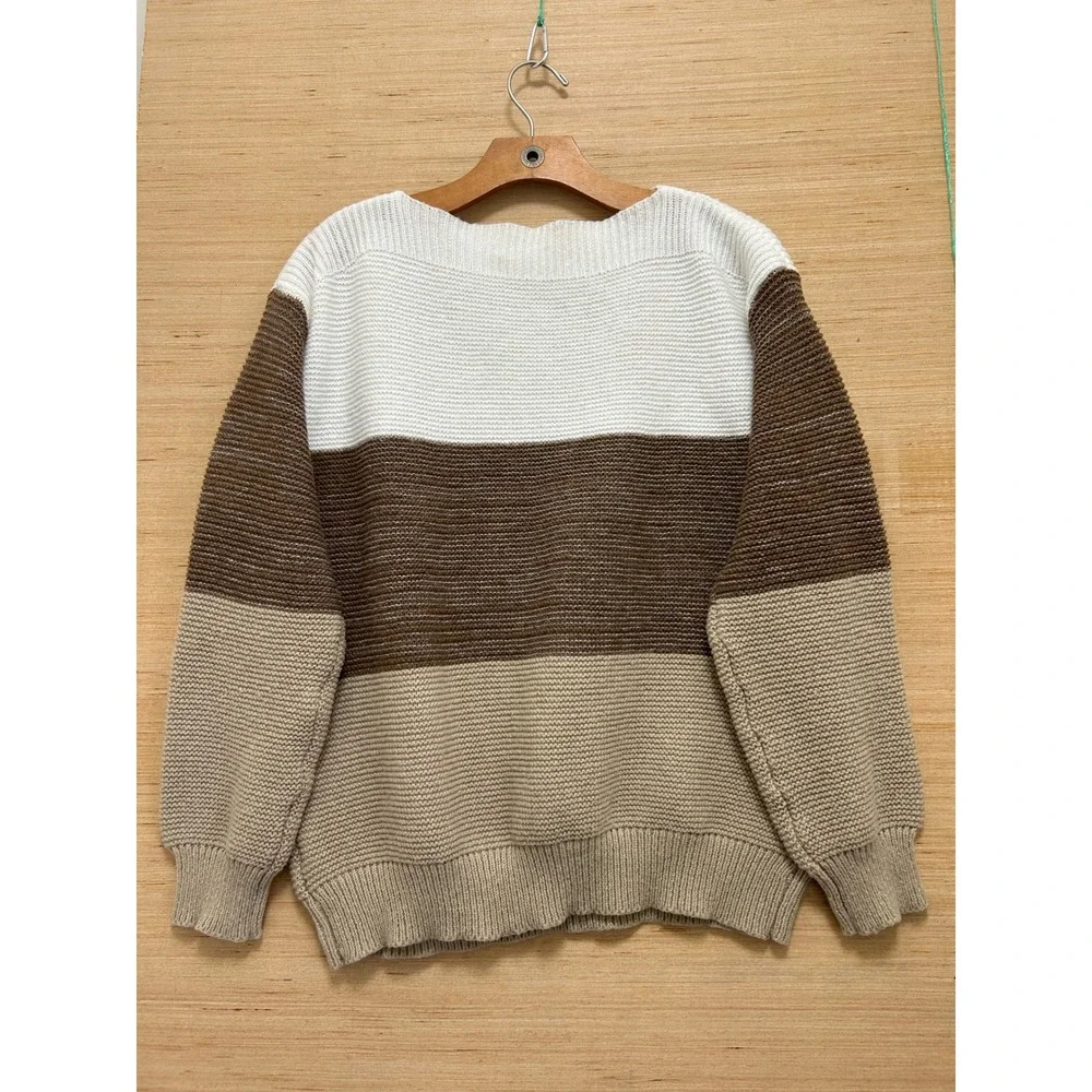 Unbranded Womens XL Colorblock‎ Knit Sweater Brown Tan White Boat Neck Pullover